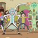 Rick Sanchez dancing with a bunch of humans and aliens.